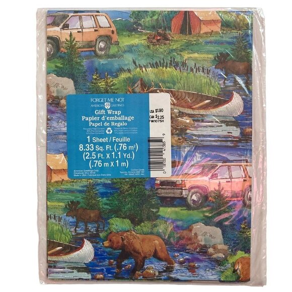 Vintage American Greetings Nature Scene Gift Wrap Canoe Bear Camping Deer - Picture 2 of 5
